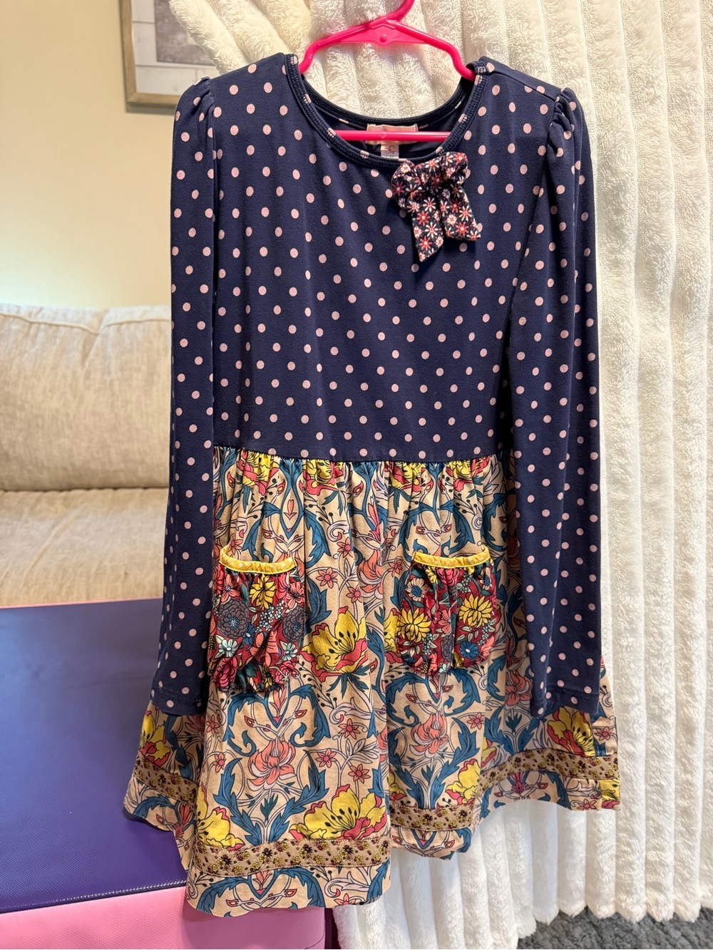 Matilda Jane Navy & Pink Polka Dot Floral-Trim Long Sleeve Dress